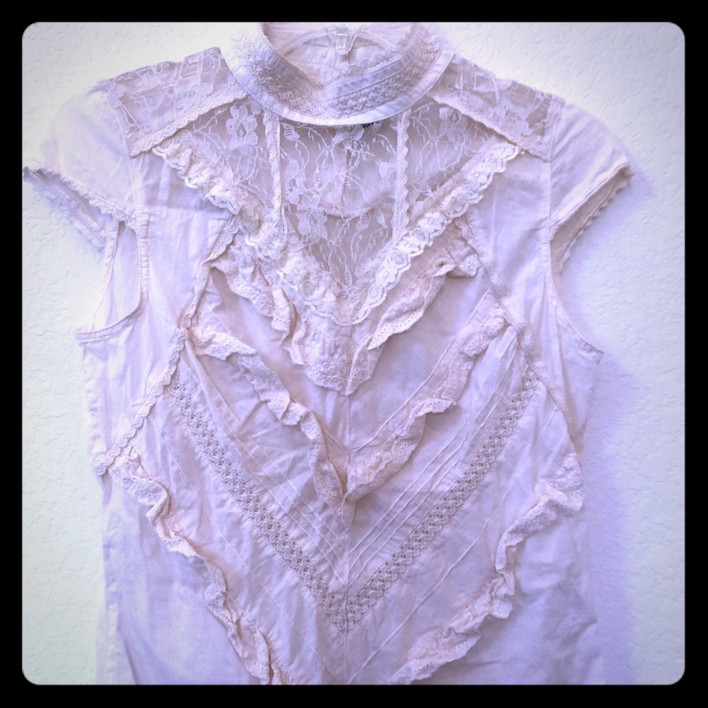 H&M cream, lace high-neck blouse